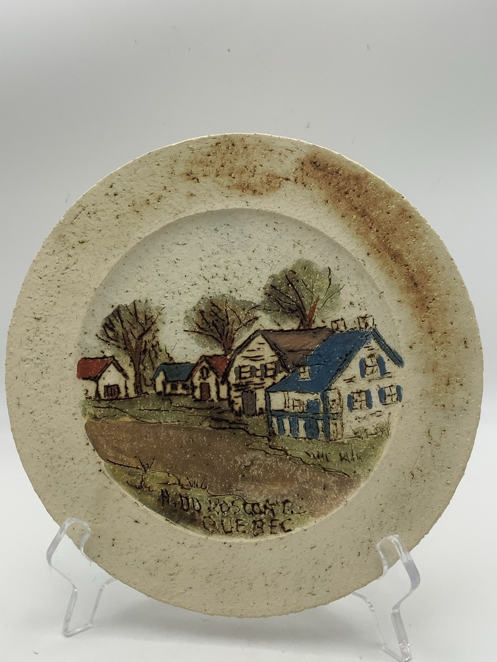 Hubert Du Roscoat Hand-Painted Quebec Village Decorative Plate with Blue Roof